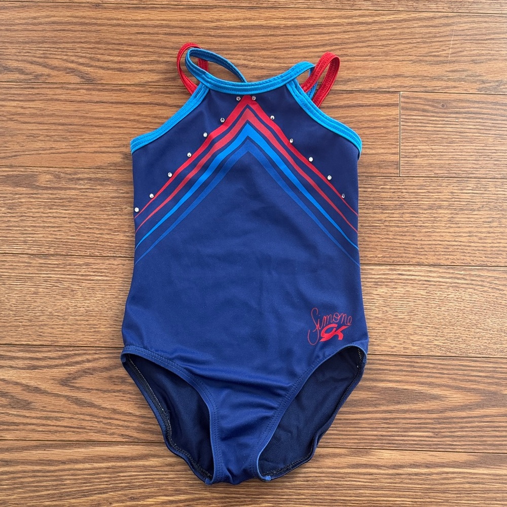 GK Elite Simone Biles Blue and Red Rhinestone Leotard